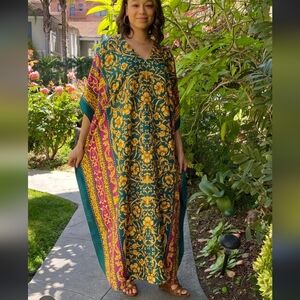 Winlar Batik Print Satin Kaftan Nightgown Maxi Dress MuuMuu